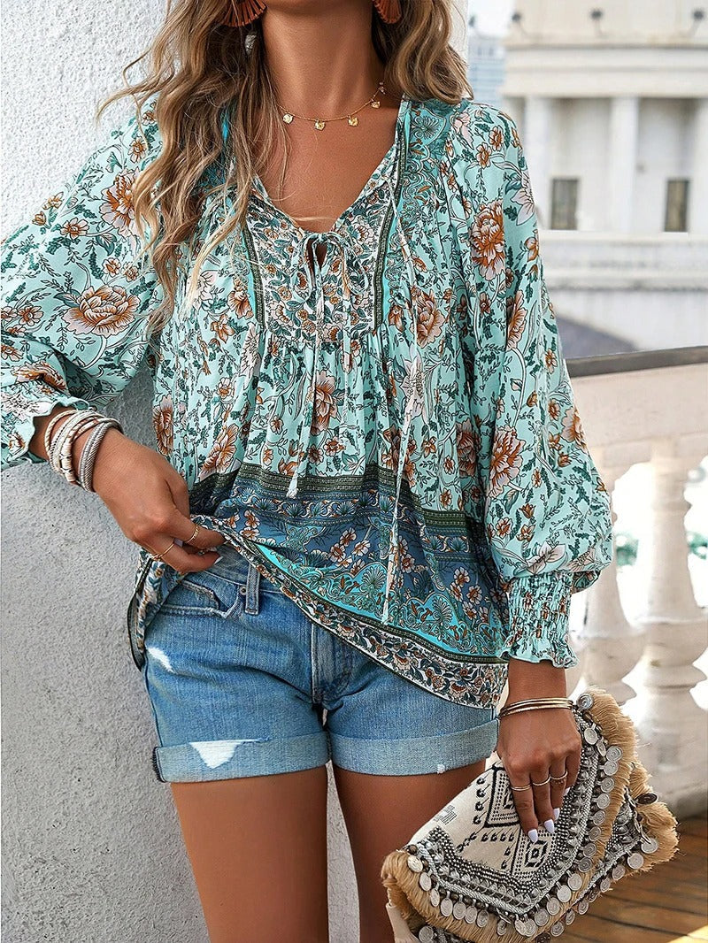 Variant image for Let og luftig damesommerbluse – boho-inspireret blomstermønster, bløde materialer, til afslappede dage-9