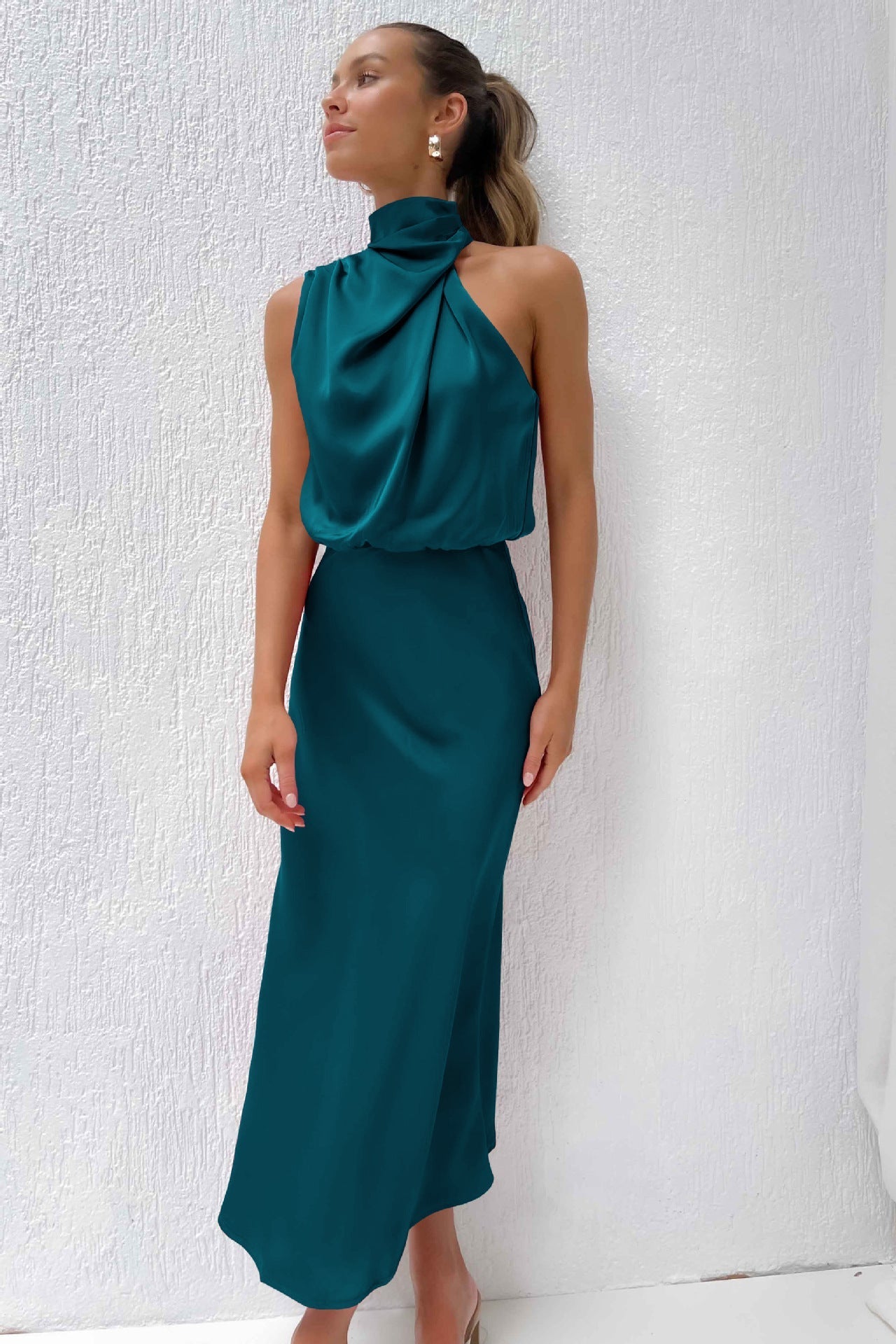 Variant image for Lang Satin Halterneck Kjole Til Bryllup Og Elegante Lejligheder - Lange Kjoler Til Fest-2