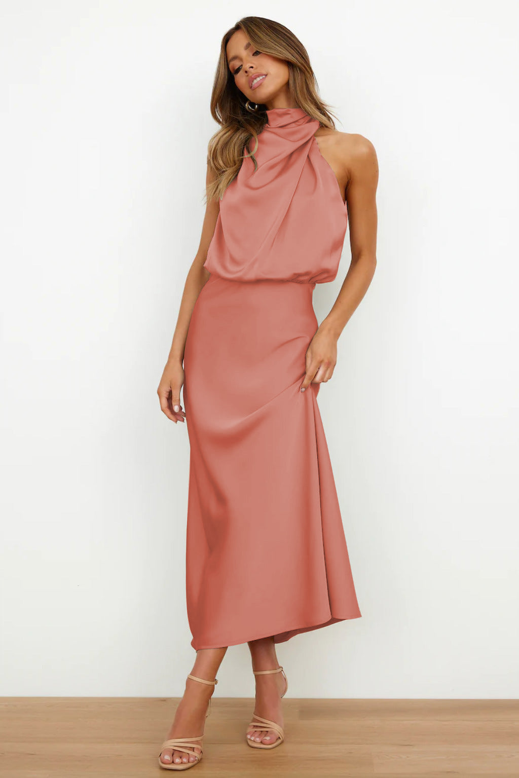 Variant image for Lang Satin Halterneck Kjole Til Bryllup Og Elegante Lejligheder - Lange Kjoler Til Fest-9