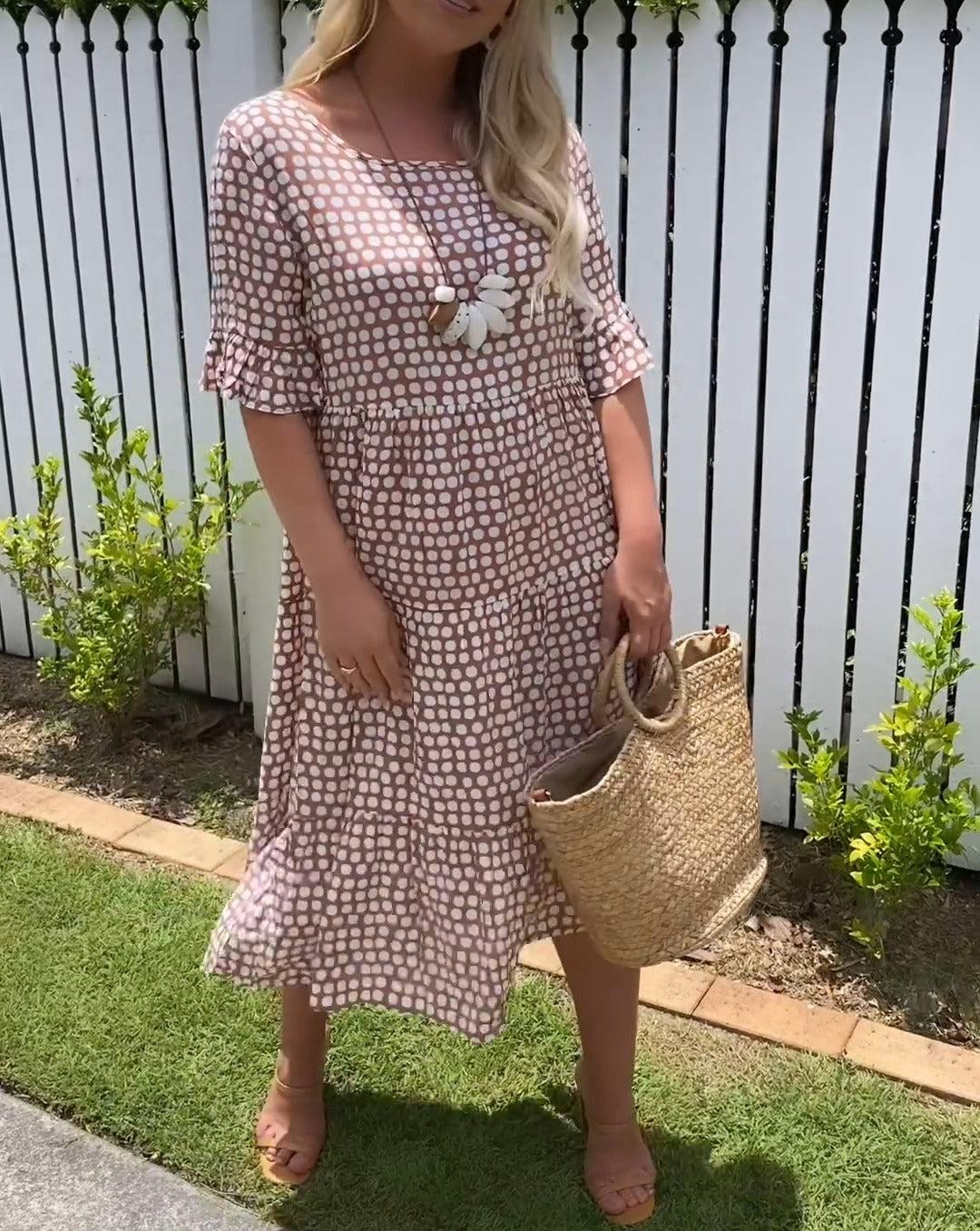 Kortærmet Midi-Kjole Til Kvinder Med Polka Dot Design, Let Åndbart Stof, Afslappet Pasform Til Sommer-3