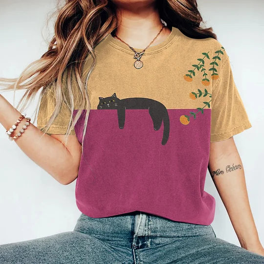 Blød og legende dame T-shirt – tofarvet kattegrafik, bomuld, til hverdagsbrug 3