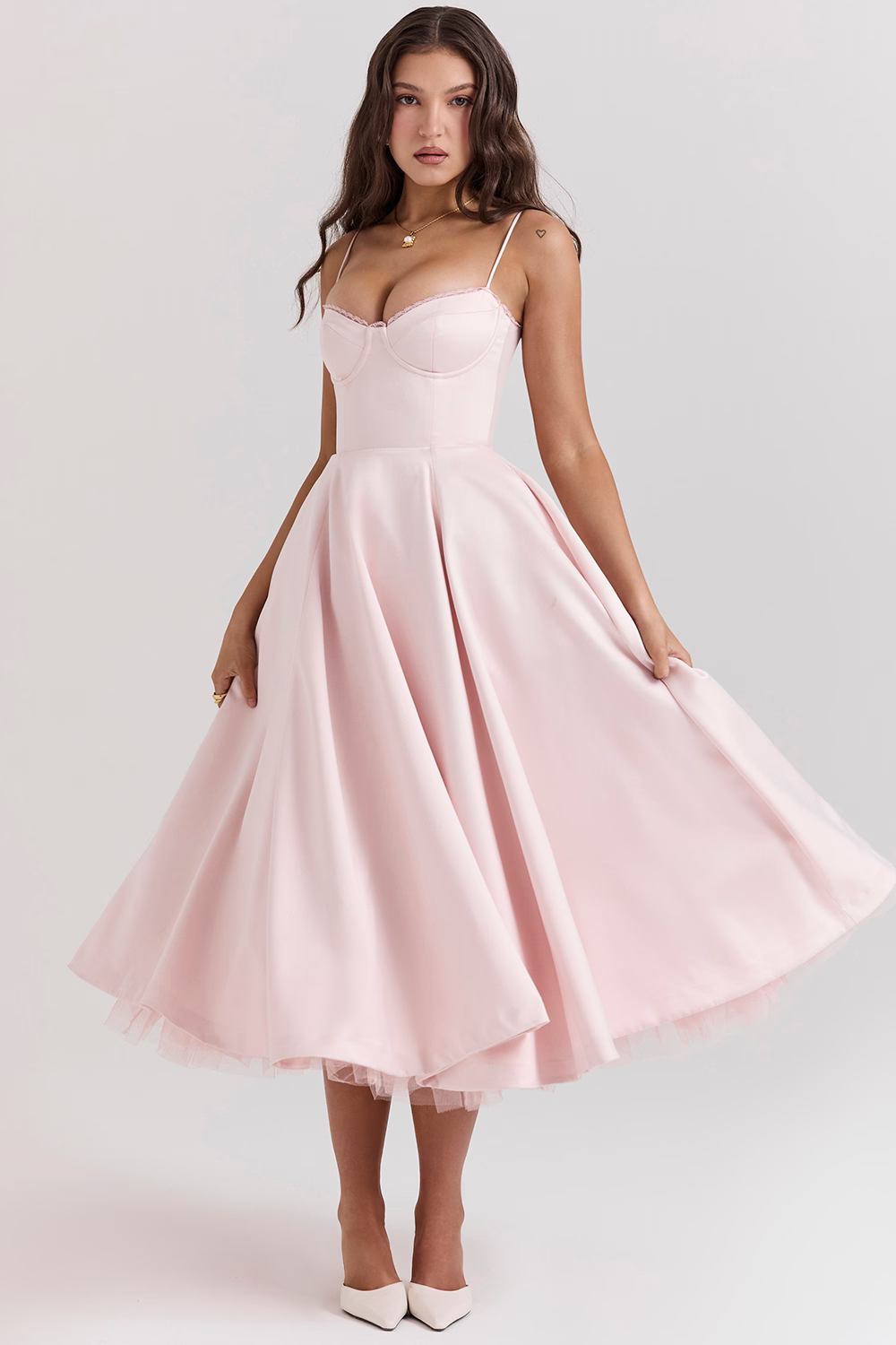 Elegant Midi Kjole I Satin Med Spaghetti-Stropper Og Tylnederdel Til Kvinder-6