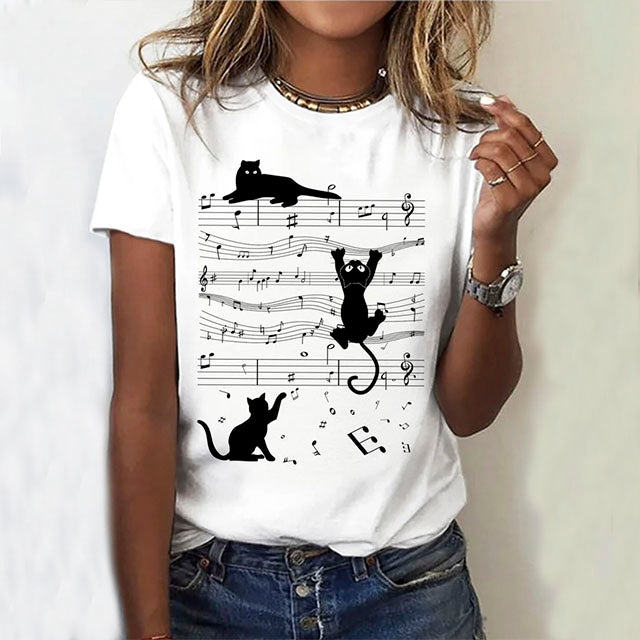 Letvægts kvinders T-shirt med katteprint – kortærmet, bomuldsblanding, til fritid 3