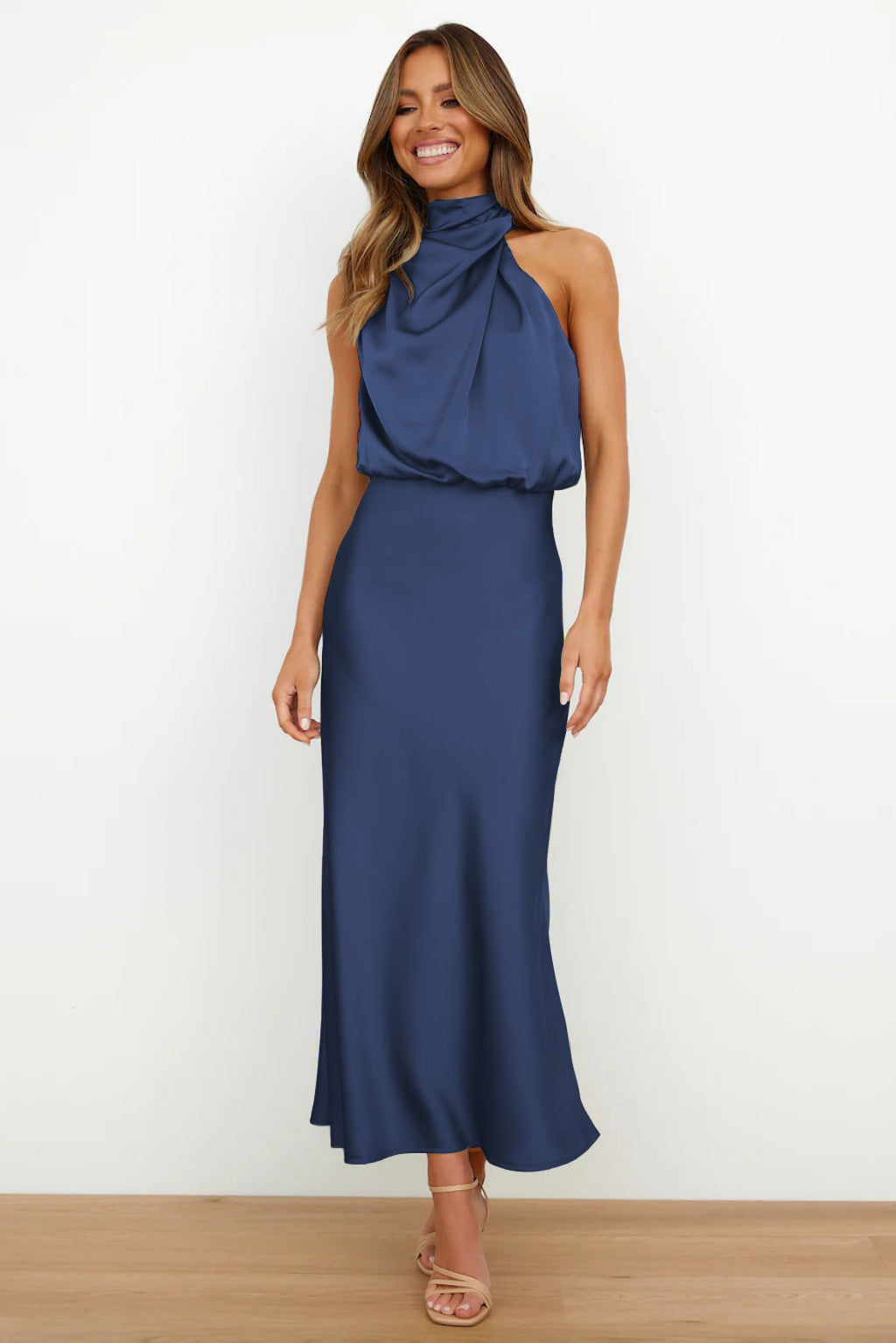 Variant image for Lang Satin Halterneck Kjole Til Bryllup Og Elegante Lejligheder - Lange Kjoler Til Fest-16