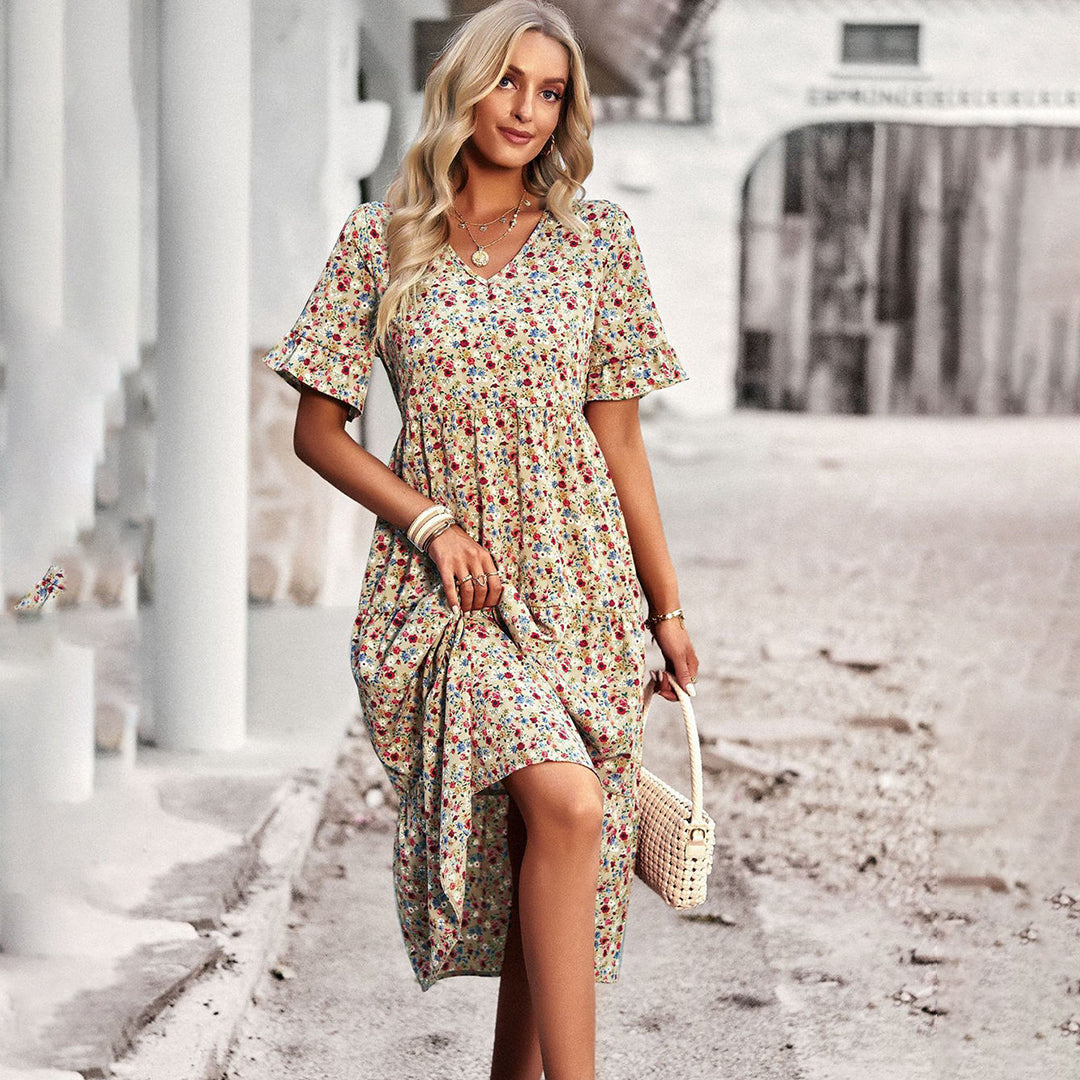 Elegant Blomsterprint Midi Kjole - Alsidig Sommerkjole Til Arbejde Og Sociale Lejligheder-1