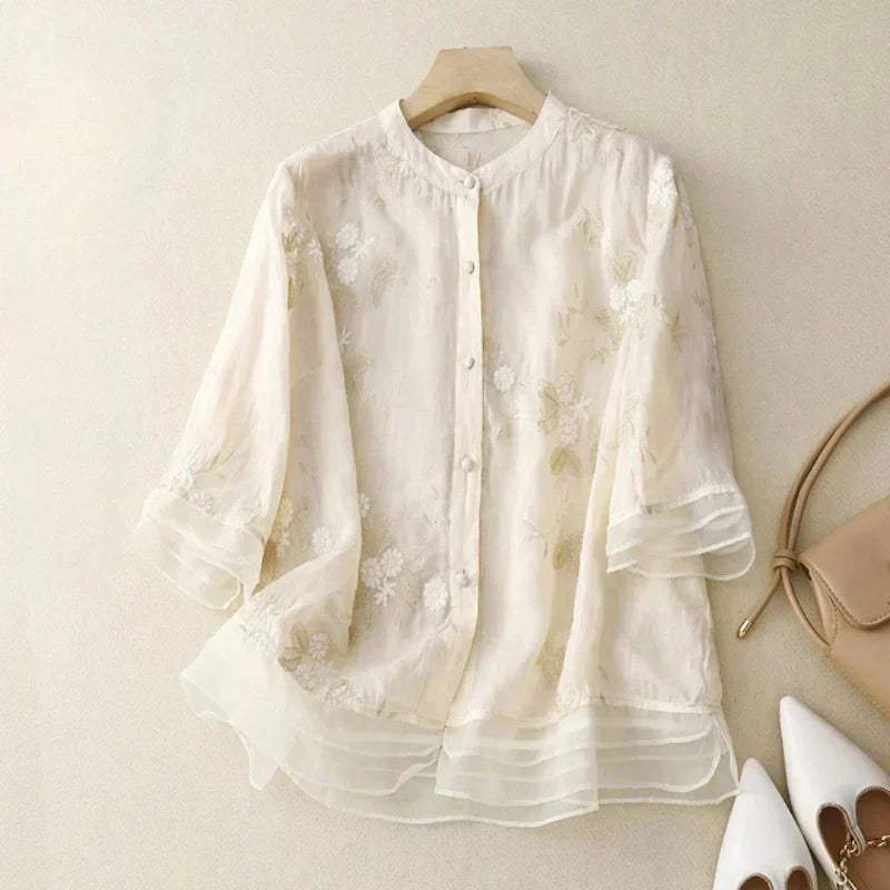 Åndbar kvinders top – elegant broderi, bomuldsblanding, til festlige lejligheder 1