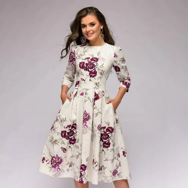 Blomsterprint Midi Kjole med Bred Nederdel til Kvinder - Elegance og Legende Design-2
