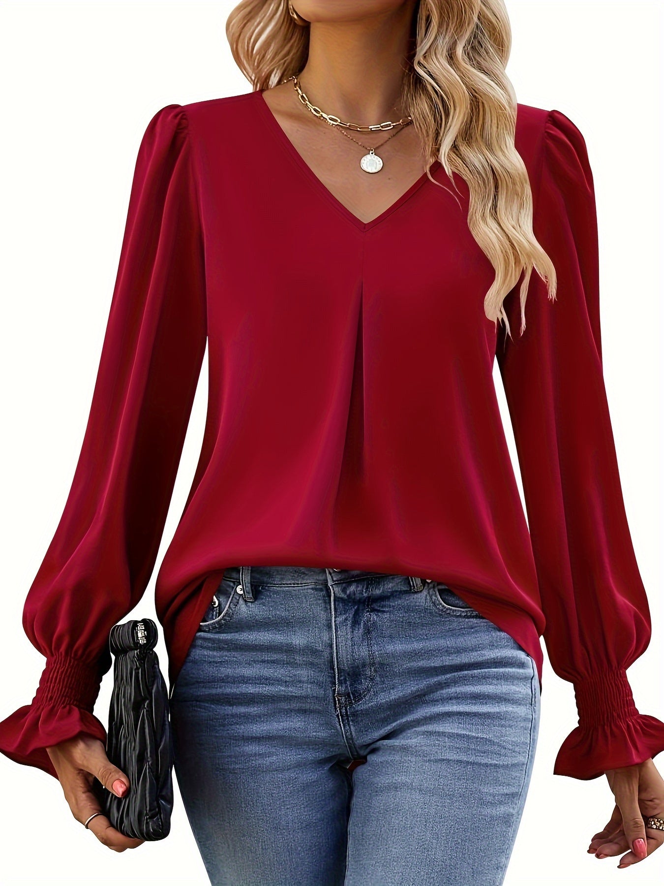 Variant image for Lett og sofistikeret kvinders bluse – V-hals, polyester, til festlige lejligheder-9
