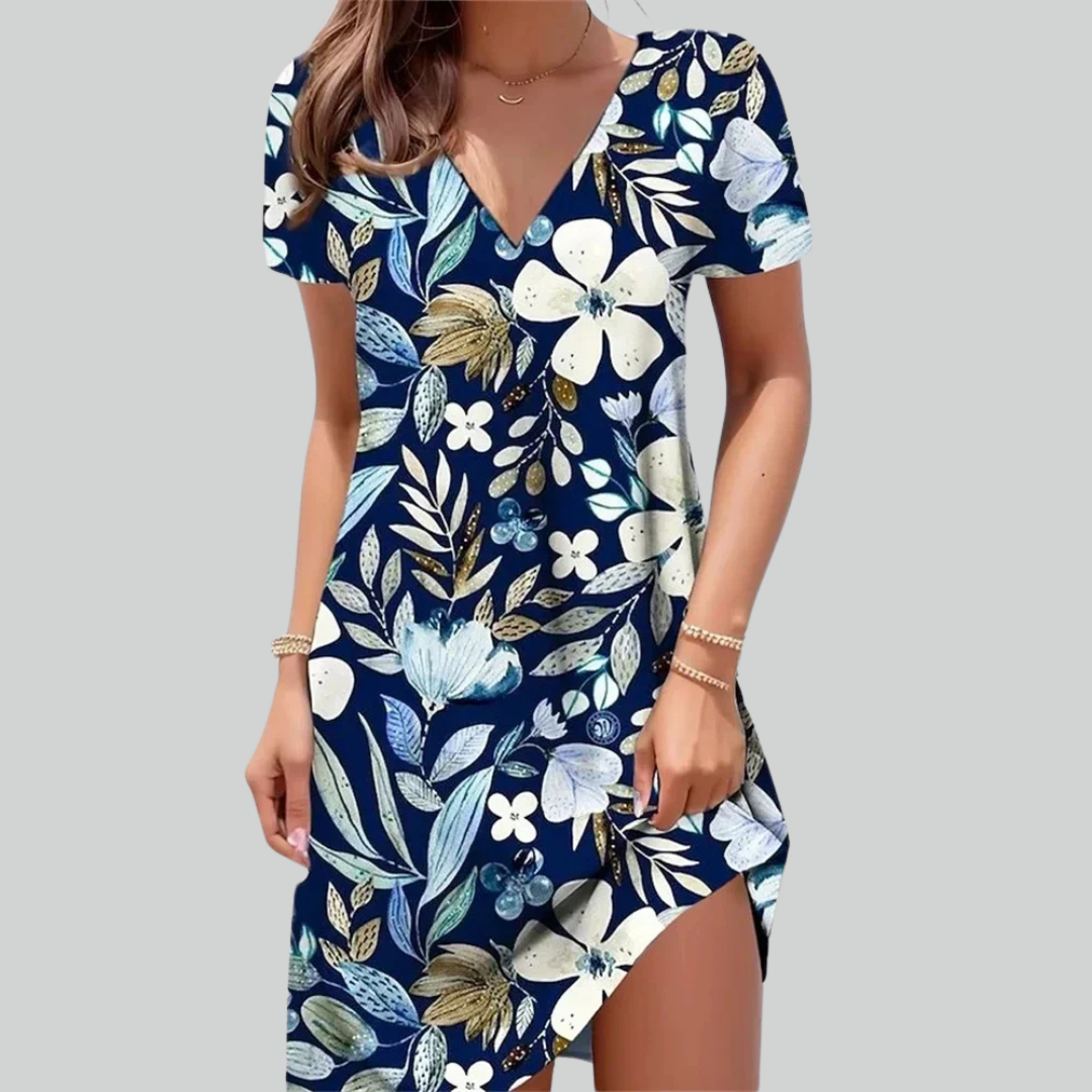 Retro Kjole Til Kvinder Med Etnisk Blomsterprint Midi Længde Og Kortærmer-2