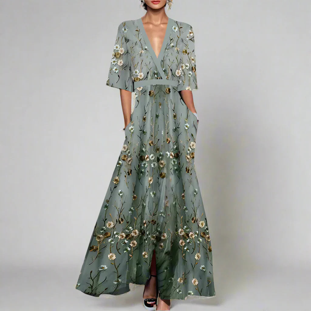 Elegant Blomster Sommerkjole Med Midtlange Ærmer Til Bryllupsgæster Og Formelle Lejligheder-3