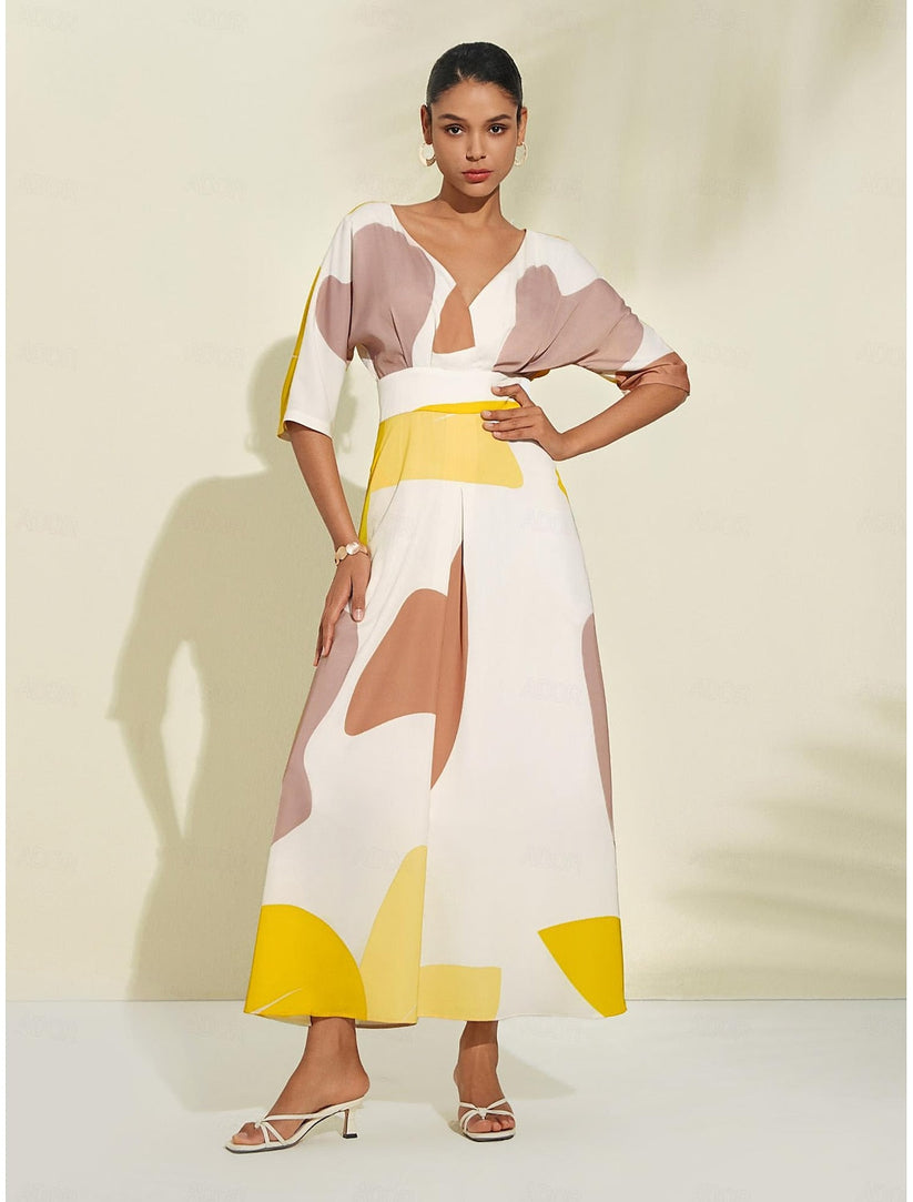 Elegant Lang Sommerkjole Med Legende Halsudskæring Og Tre Kvarter Ærmer-4