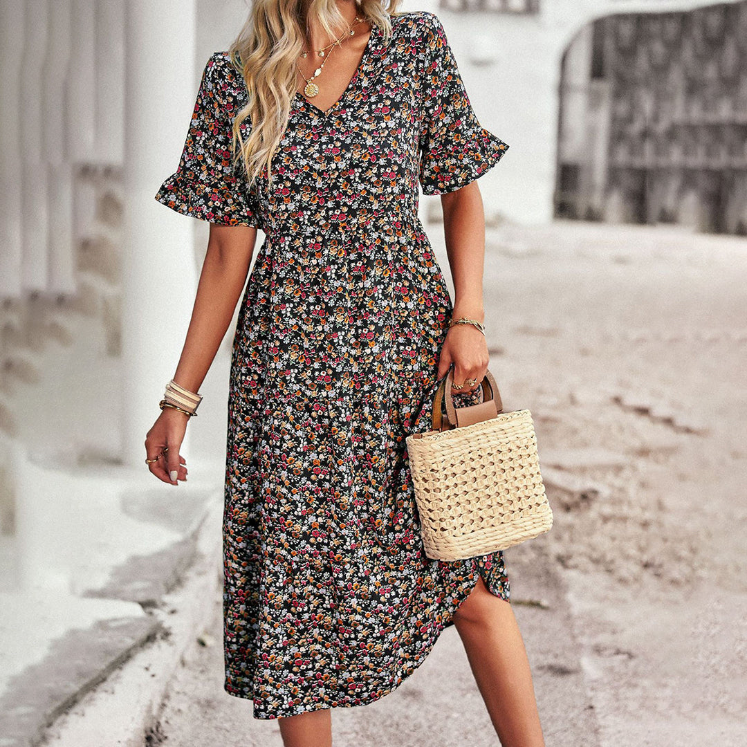 Elegant Blomsterprint Midi Kjole - Alsidig Sommerkjole Til Arbejde Og Sociale Lejligheder-3