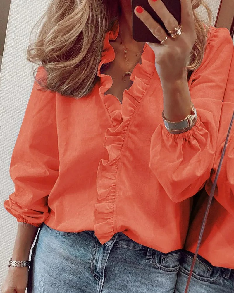 Variant image for Blød og alsidig kvinders bluse – V-hals med ruffles, bomuld, til kontor og fritid-15