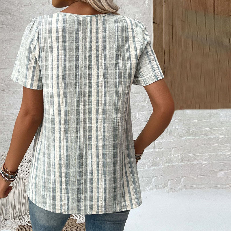 Letvægts kvinders bluse – V-hals, stribet design, blød bomuldspolyester, til forår og sommer 5