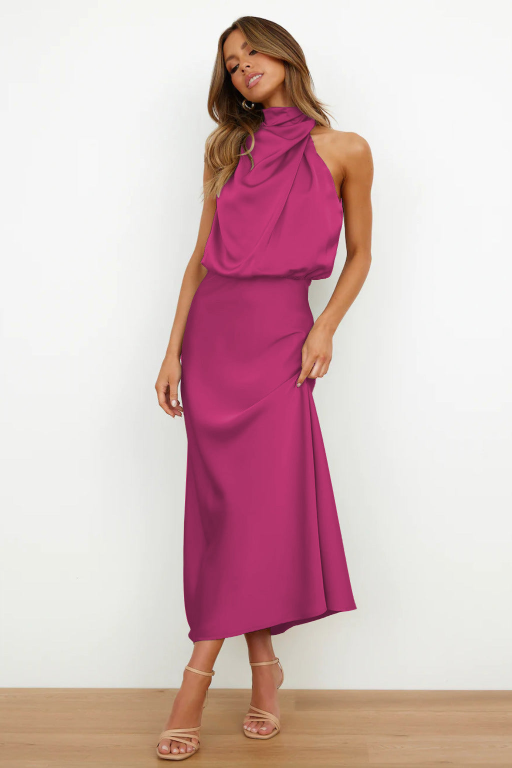 Variant image for Lang Satin Halterneck Kjole Til Bryllup Og Elegante Lejligheder - Lange Kjoler Til Fest-23