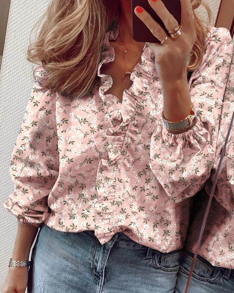 Blød og alsidig kvinders bluse – V-hals med ruffles, bomuld, til kontor og fritid 3
