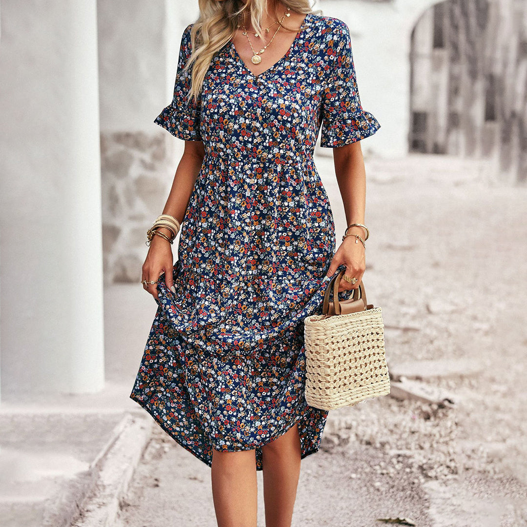 Elegant Blomsterprint Midi Kjole - Alsidig Sommerkjole Til Arbejde Og Sociale Lejligheder-4