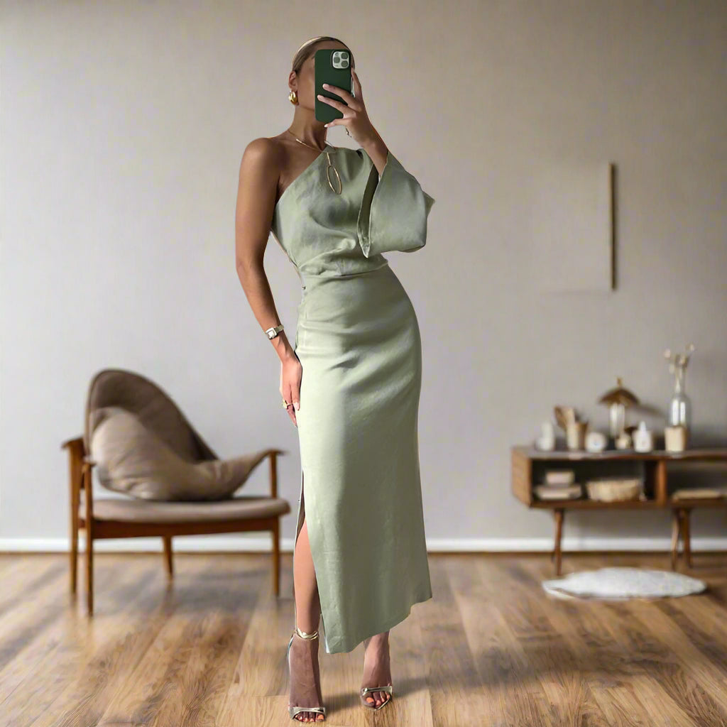 Elegant Midi Kjole Med Asymmetrisk Skulder Og Lange ærmer Til Kvinder-4