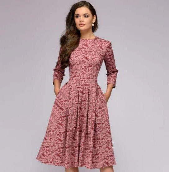 Blomsterprint Midi Kjole med Bred Nederdel til Kvinder - Elegance og Legende Design-3