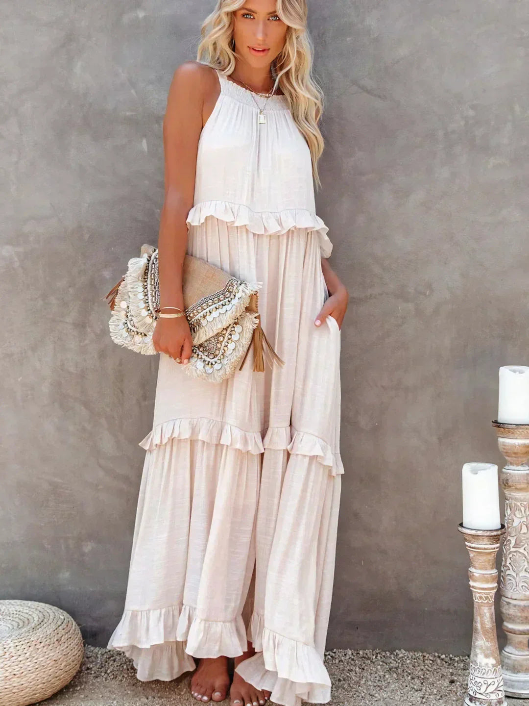 Elegant Halter Ruffle Maxi Kjole Til Kvinder - Chic Og Komfortabel Maxikjole-3
