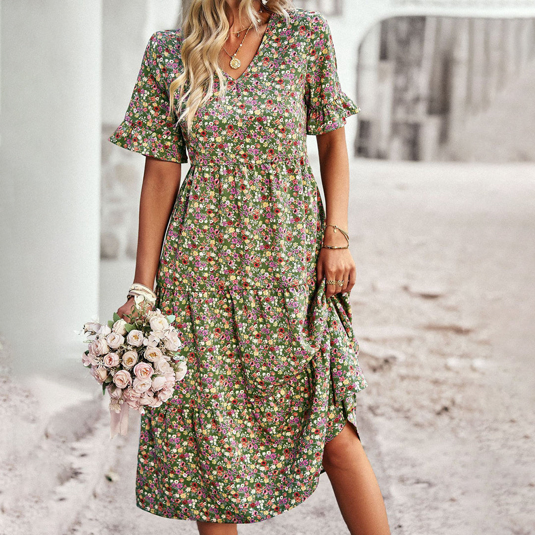 Elegant Blomsterprint Midi Kjole - Alsidig Sommerkjole Til Arbejde Og Sociale Lejligheder-5