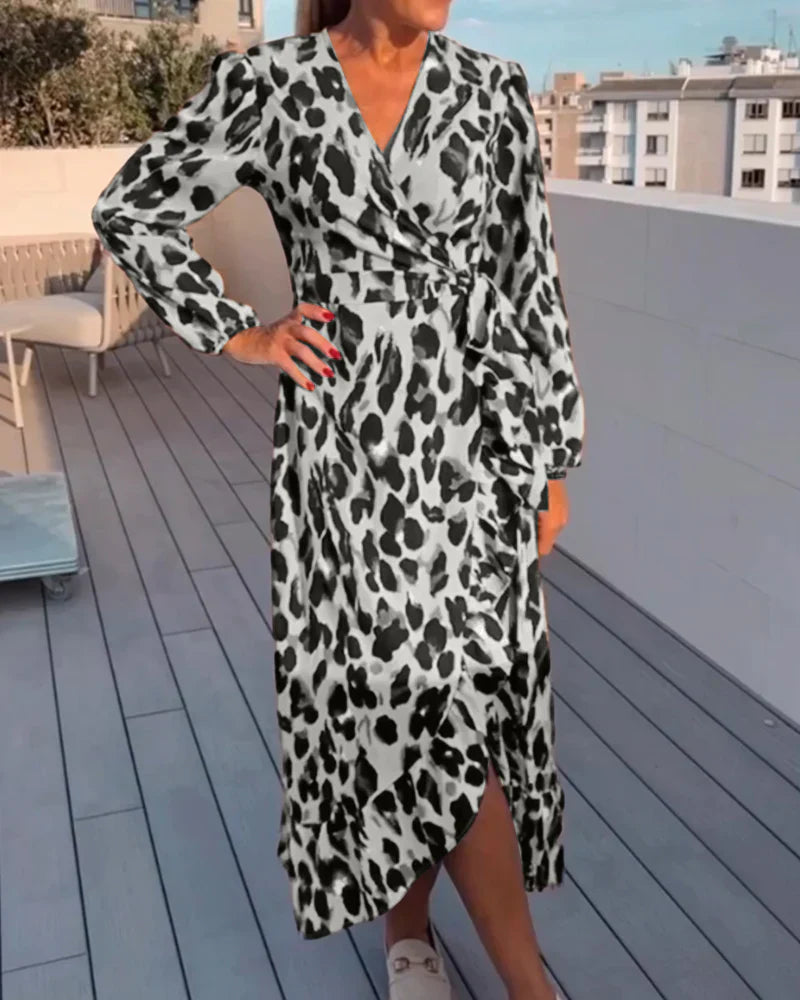 V-hals A-line langærmet midi-kjole med leopardprint til kvinder-4