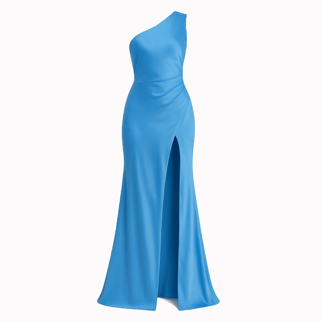 Elegant Satin Maxi Kjole Med Én Skulder Til Kvinder - Høj Split Design-2