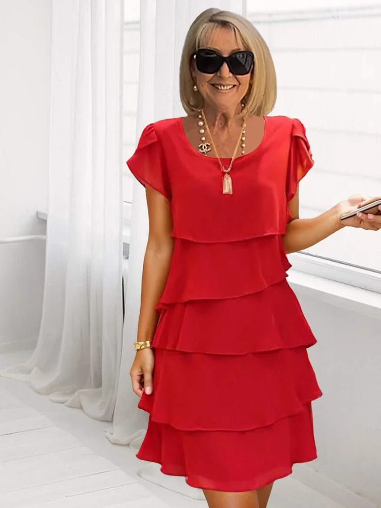 Variant image for Løs Chiffon Midi Kjole Til Kvinder Med Asymmetrisk Kant Og Lagt Design-17