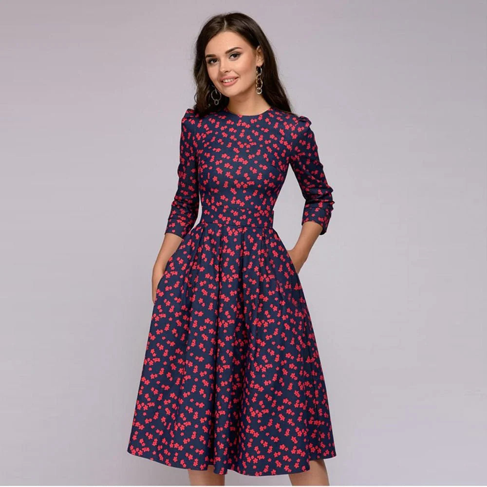 Blomsterprint Midi Kjole med Bred Nederdel til Kvinder - Elegance og Legende Design-5