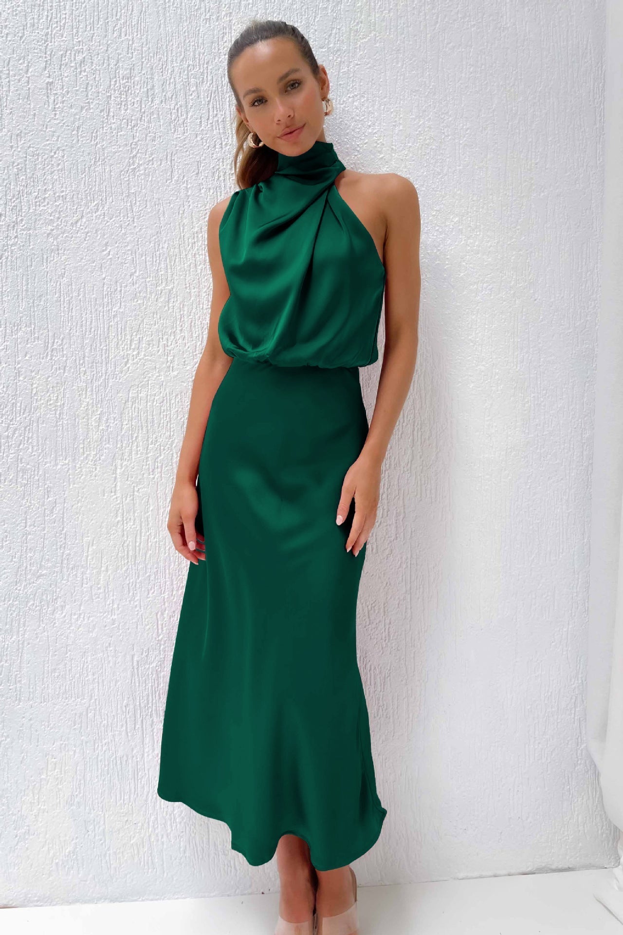 Variant image for Lang Satin Halterneck Kjole Til Bryllup Og Elegante Lejligheder - Lange Kjoler Til Fest-30