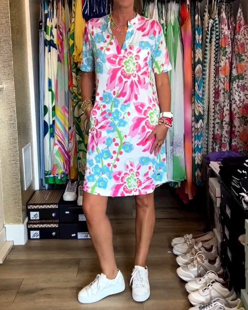 Blomster Midi-kjole Til Kvinder, Kortærmet V-hals Sommerkjole-4
