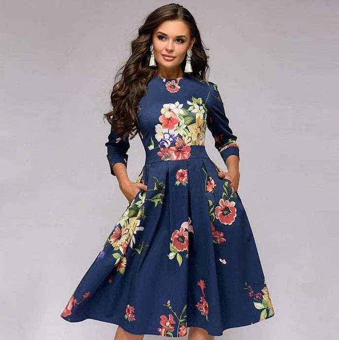 Blomsterprint Midi Kjole med Bred Nederdel til Kvinder - Elegance og Legende Design-6