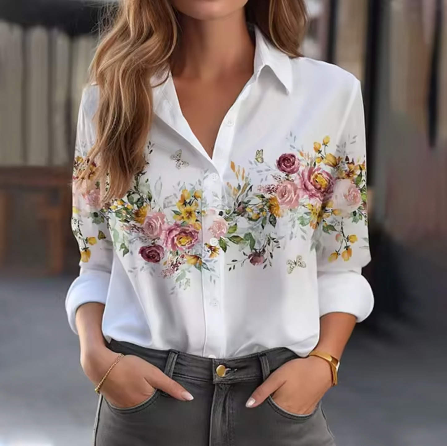 Variant image for Luftig og flatterende skjortebluse dame – langærmet blomstermønster, åndbart stof, til sommerudflugter-37