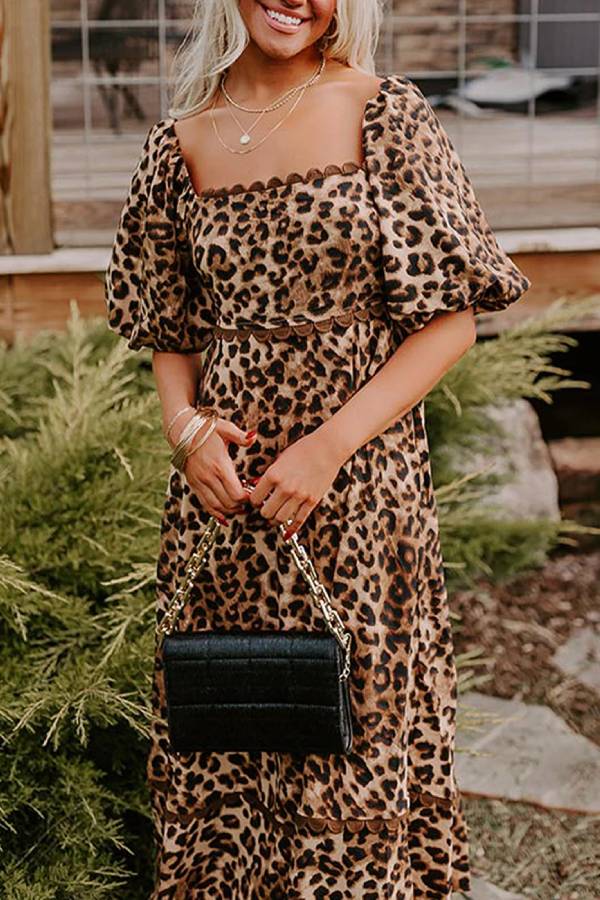 Leopardprint Maxi Kjole Med Puffærmer Til Kvinder, Afslappet Chic Stil-3