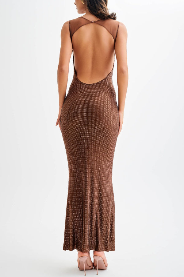 Åben Ryg Sequin Mesh Maxi Kjole Til Kvinder, Ankel-Længde Scoop Hals Kjole Maxi-5