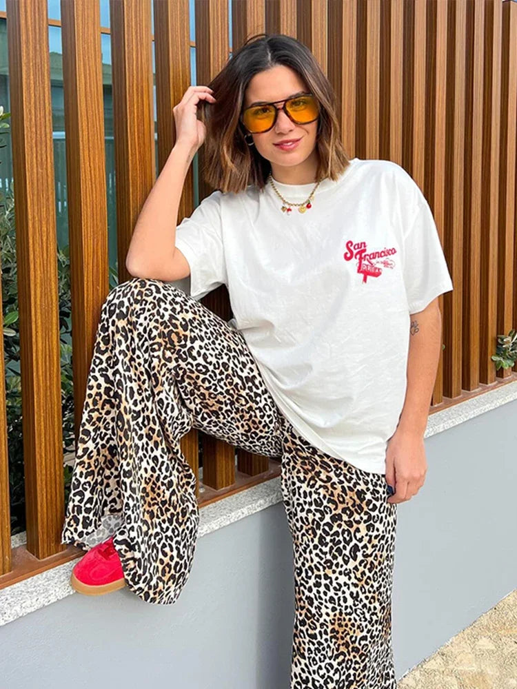 Bredbenede Bukser med Leopardenmønster til Dame, Høj Talje og Behageligt Design 5