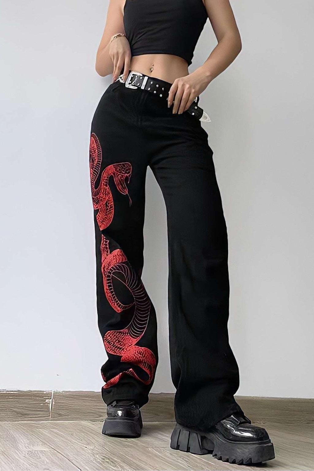 Broderede Stretch-Denim Jeans med Dragemotiv og Kanji Kalligrafi 3