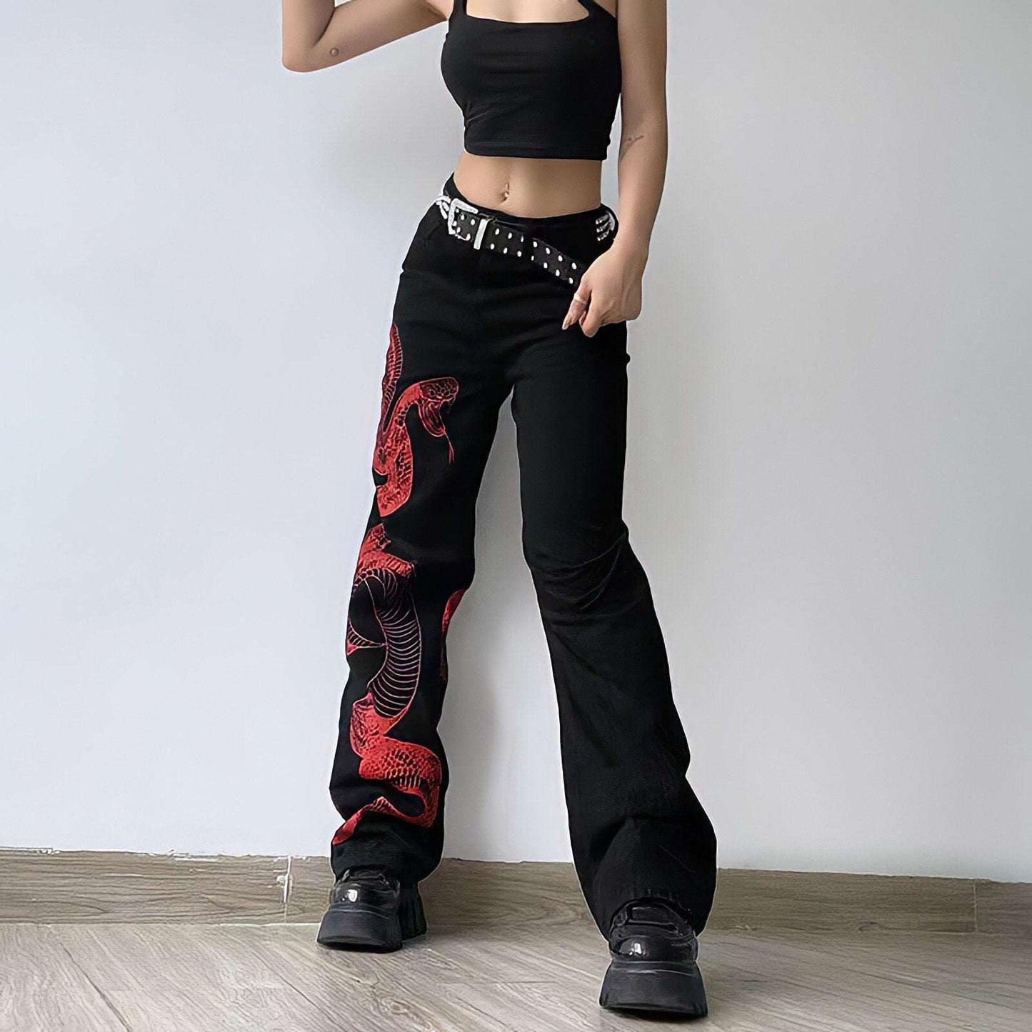 Broderede Stretch-Denim Jeans med Dragemotiv og Kanji Kalligrafi 4