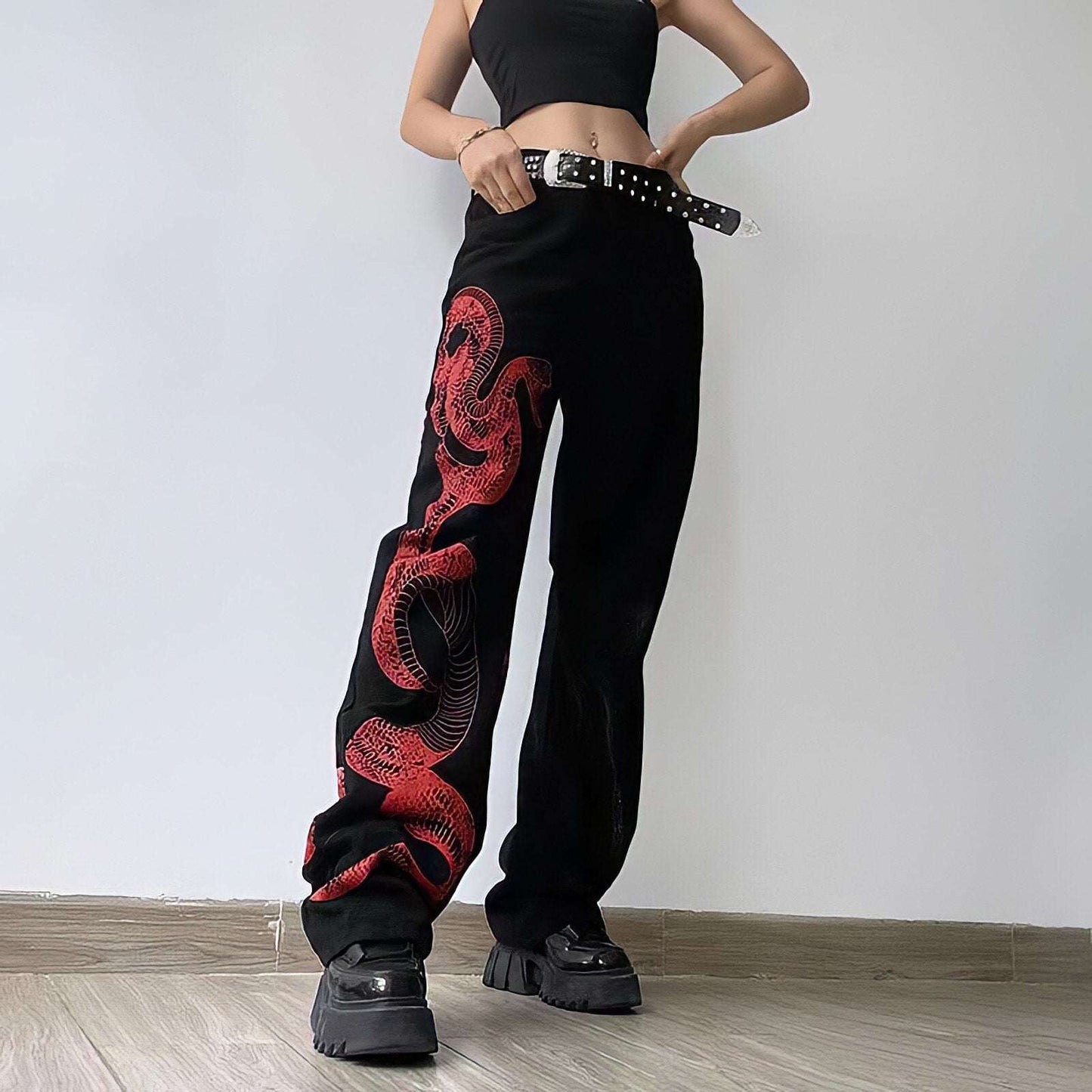 Broderede Stretch-Denim Jeans med Dragemotiv og Kanji Kalligrafi 5