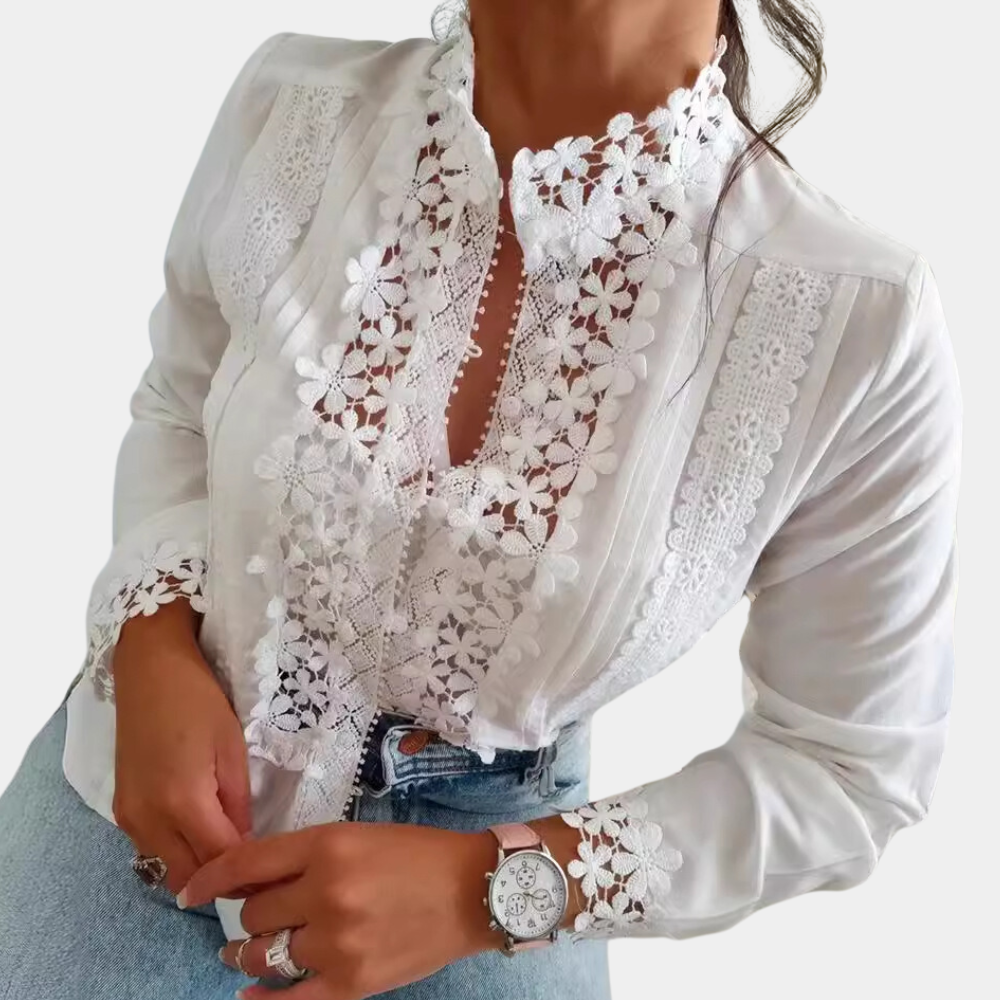 Flatterende kvinders bluse – blomstermønster med blonder, holdbart materiale, til festlige lejligheder 3