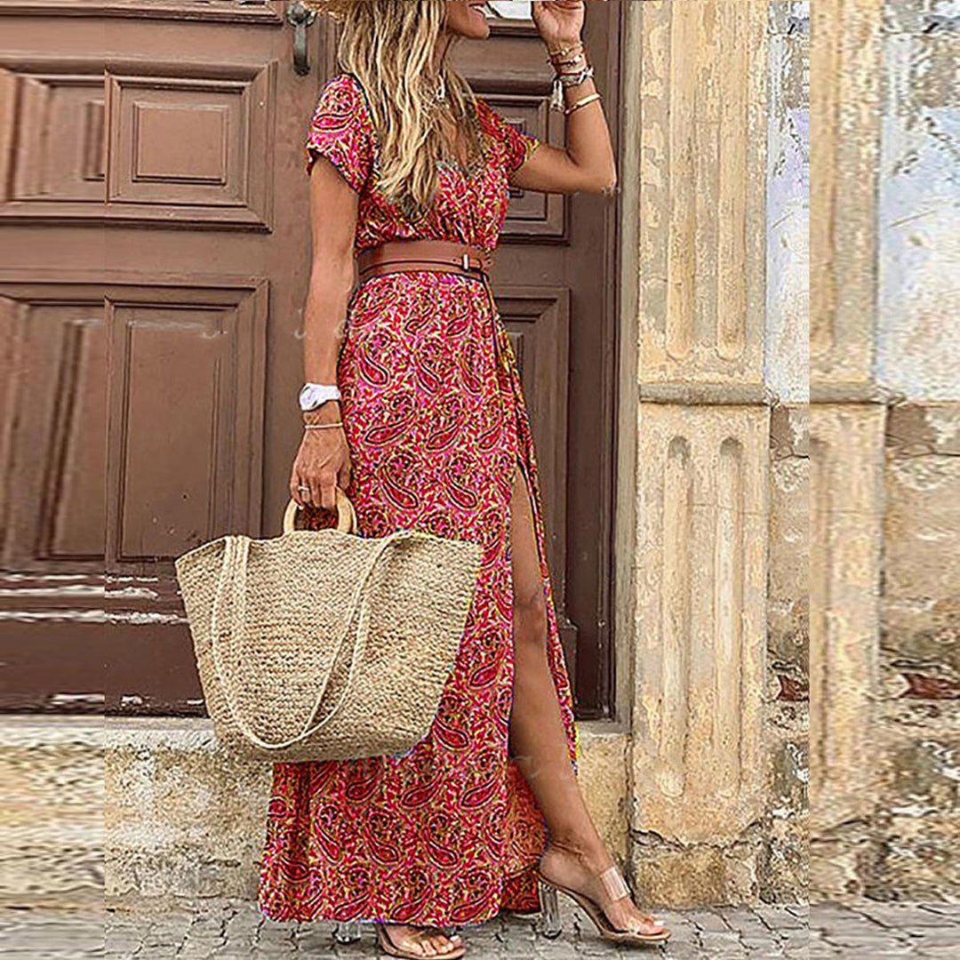 Variant image for Elegant Boho Maxi Kjole Til Kvinder Med V-Hals Og Justerbart Bælte - Komfortabel Kjole Maxi Til Alle Lejligheder-19