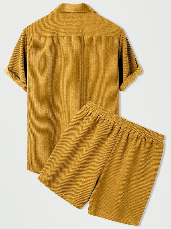 Elegant Herresæt i Rippet Samt med Kortærmet Skjorte og Matchende Shorts til Afslappede og Formelle Anledninger 2