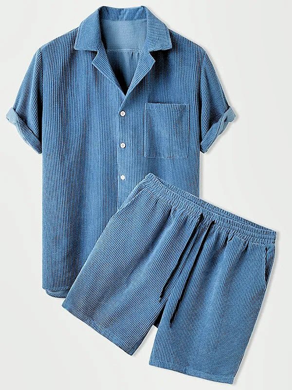 Elegant Herresæt i Rippet Samt med Kortærmet Skjorte og Matchende Shorts til Afslappede og Formelle Anledninger 3