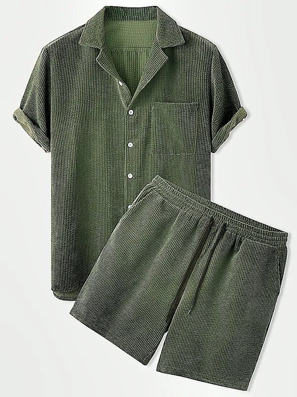 Elegant Herresæt i Rippet Samt med Kortærmet Skjorte og Matchende Shorts til Afslappede og Formelle Anledninger 5