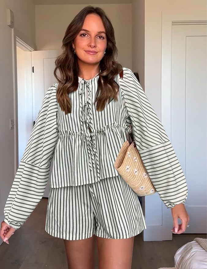 Variant image for Åndbar kvinders loungewear sæt – rutet design, høj talje shorts, til sommer-6
