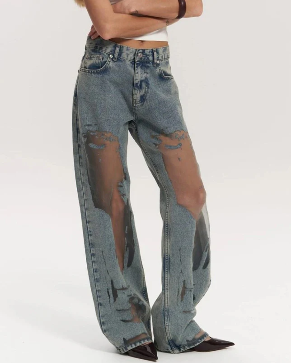 Høj Talje Bredbenede Jeans med Unikt Mesh-Patchwork Design til Dame 2