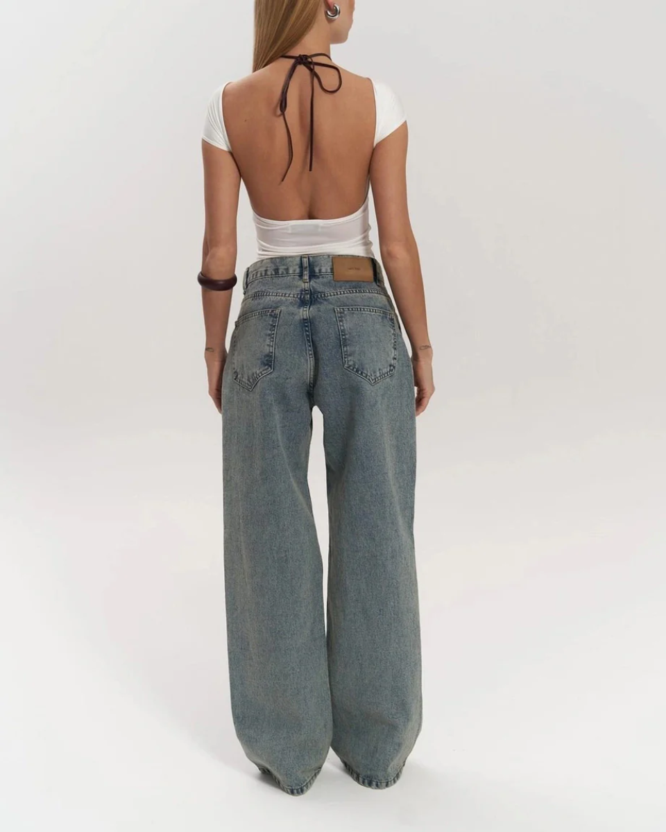 Høj Talje Bredbenede Jeans med Unikt Mesh-Patchwork Design til Dame 3