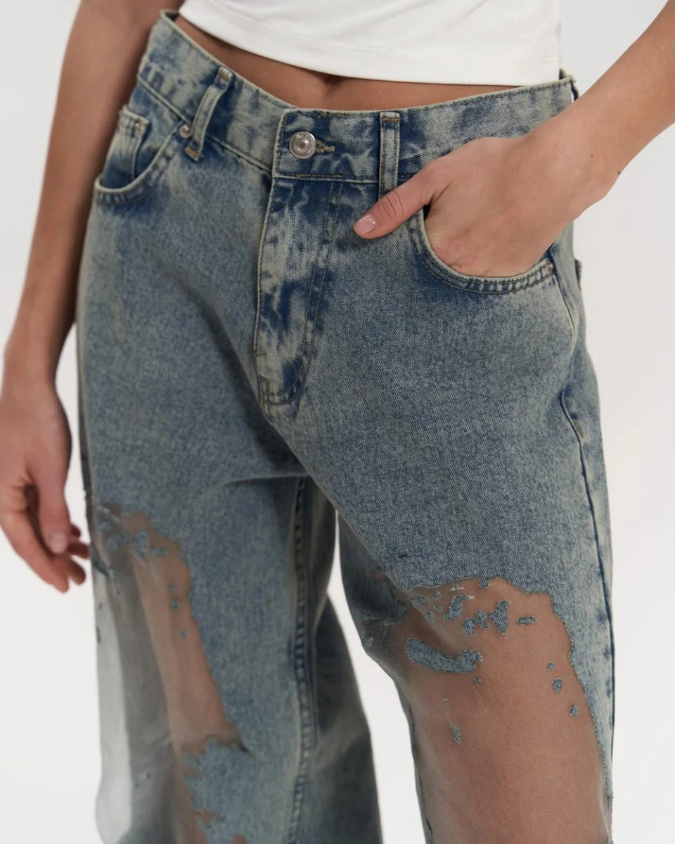 Høj Talje Bredbenede Jeans med Unikt Mesh-Patchwork Design til Dame 4