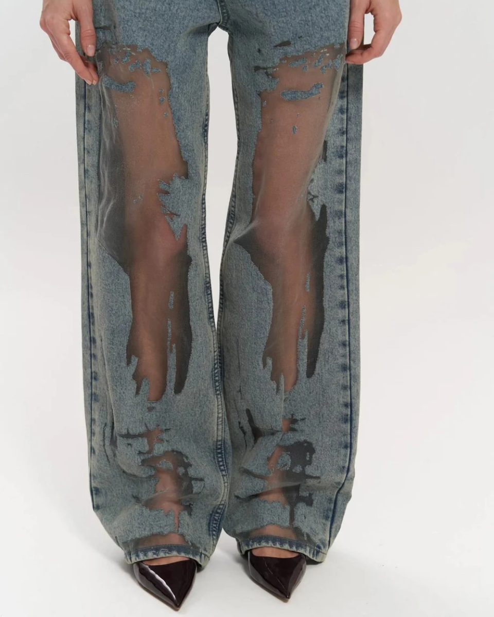 Høj Talje Bredbenede Jeans med Unikt Mesh-Patchwork Design til Dame 5