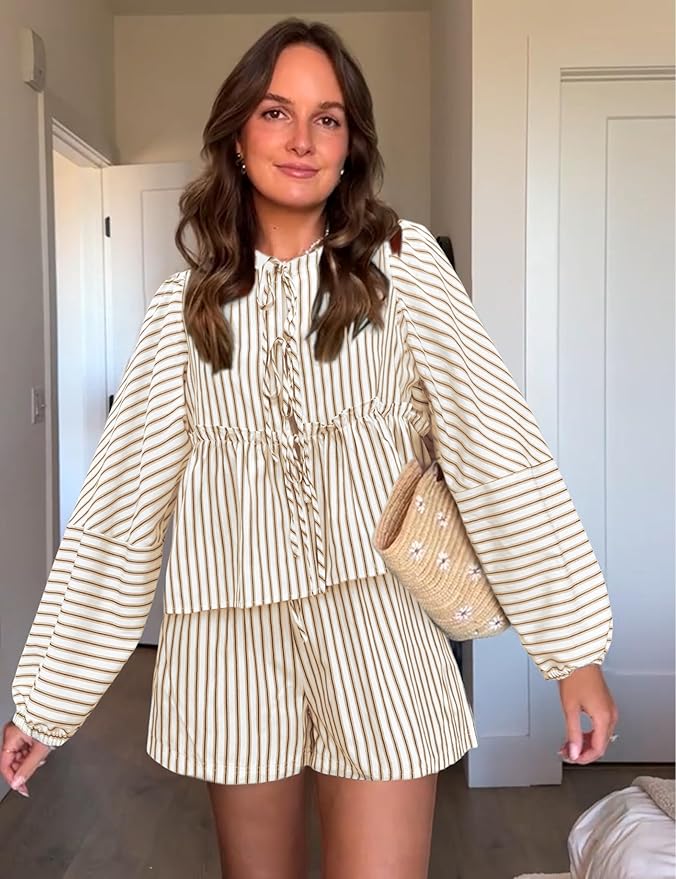 Åndbar kvinders loungewear sæt – rutet design, høj talje shorts, til sommer 1